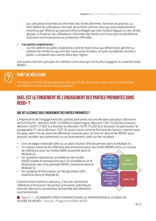 Chapitre 11 | Introduction à l’engagement des parties prenantes
XI-3
-	 Les utilisateurs formels et informels des forêts (femmes, hommes et jeunes). La
FAO définit les utilisateurs formels de la forêt comme ceux qui sont explicitement
reconnus par l’État et qui peuvent être protégés par des moyens légaux ou des droits
de jure. A l’inverse, les utilisateurs informels des forêts sont ceux qui ne bénéficient
d’aucune reconnaissance ou protection officielle ;
•	 Les petits exploitants ;
-	 La FAO définit les petits exploitants comme étant ceux qui détiennent, gèrent ou
utilisent les forêts ou qui ont des ressources limitées, et sont considérés comme «
petits » comparés aux autres dans leur région.
Ces quatre derniers groupes et individus sont ceux qui ont le plus à gagner ou à perdre avec
REDD+.
QUEL EST LE FONDEMENT DE L’ENGAGEMENT DES PARTIES PRENANTES DANS
REDD+ ?
QUE DIT LA CCNUCC SUR L’ENGAGEMENT DES PARTIES PRENANTES ?
L’importance de l’engagement des parties prenantes est ancrée dans plusieurs décisions
de la CCNUCC : décision 4/CP.15 (2009) à Copenhague, décision 1/CP.16 (2010) à Cancún,
décision 12/CP.17 (2011) à Durban et décision 15/CP.19 (2013) à Varsovie. En particulier, le
paragraphe 71 de la décision 1/CP.16, aussi connu comme l’Accord de Cancún, requiert que
les pays aient mis en place les éléments suivants pour la mise en œuvre de REDD+ pour
pouvoir accéder aux paiements ou au financement axés sur les résultats :
•	 Une stratégie nationale (SN) ou un plan d’action (PA) (examinés dans le Module 4) ;
•	 Un niveau national de référence des émissions pour les forêts (NERF) et/ou un niveau
de référence pour les forêts (NRF) (examiné dans le
Module 6) ;
•	 Un système national de surveillance des forêts
(SNSF) solide et transparent pour la surveillance et la
déclaration des cinq activités REDD+ (examiné dans le
Module 5) ;
•	 Un système d’information sur les garanties (SIS)
(examiné dans le Module 8).
Comme il est montré ci-dessous, il est fait clairement
référence à l’inclusion de parties prenantes spécifiques
dans les décisions concernant l’ensemble des éléments
susmentionnés.
Point de réflexion
Pensez-vous à d’autres groupes associés aux forêts dans votre pays qui pourraient être
considérés comme des parties prenantes ?
 Figure 11.1 ÉLEMENTS STRUCTURANTS POUR LA PREPARATION À LA MISE EN
ŒUVRE DE REDD+ - source : Programme ONU-REDD
 
