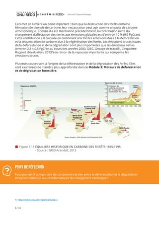 I-14
Journal d'apprentissage
4 http://www.ipcc.ch/report/ar5/wg1/
Ceci met en lumière un point important : bien que la destruction des forêts entraîne
l’émission de dioxyde de carbone, leur restauration peut agir comme un puits de carbone
atmosphérique. Comme il a été mentionné précédemment, la contribution nette du
changement d’affectation des terres aux émissions globales est d’environ 10 % (0,9 PgC/an).
Cette contribution est calculée en combinant à la fois les émissions dues à la déforestation
et la séquestration de carbone due à la régénération des forêts. Les émissions brutes issues
de la déforestation et de la dégradation sont plus importantes que les émissions nettes
(environ 2,8 ± 0,5 PgC/an au cours des années 2000, GIEC, Groupe de travail I, Cinquième
Rapport d’évaluation, 20134
) en raison de la repousse importante qui compense les
émissions brutes.
Plusieurs causes sont à l’origine de la déforestation et de la dégradation des forêts. Elles
sont examinées de manière plus approfondie dans le Module 3: Moteurs de déforestation
et de dégradation forestière.
 Figure 1.11 ÉQUILIBRE HISTORIQUE EN CARBONE DES FORÊTS 1855-1995
		 - Source : GRID-Arendall, 2015
POINT DE RÉFLEXION
Pourquoi est-il si important de comprendre le lien entre la déforestation et la dégradation
lorsqu’on s’attaque aux problématiques du changement climatique ?
Emissions de
carbone provenant
des changements
d’utilisation des terres
 