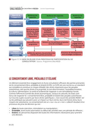 XI-20
Journal d'apprentissage
 Figure 11.14	MISE EN ŒUVRE D’UN PROCESSUS DE PARTICIPATION OU DE
	CONSULTATION - Source : Programme ONU-REDD
LE CONSENTEMENT LIBRE, PRÉALABLE ET ÉCLAIRÉ
Un élément essentiel d’un engagement et d’une consultation efficaces des parties prenantes
est le consentement libre, préalable et éclairé (CLPE). Le CLPE est une norme ou un standard
qui complète et constitue un moyen d’établir des droits importants pour les peuples
autochtones, tels que les droits à la propriété, la non-discrimination, l’autodétermination,
la culture, l’alimentation, la santé et la liberté de s’opposer à une réinstallation forcée.
Comme l’affirme le Comité des droits économiques, sociaux et culturels, les États sont
tenus de respecter le « consentement libre, préalable et éclairé des peuples autochtones
sur tous les sujets couverts par leurs droits spécifiques ». Ceci couvre les activités REDD+ et/
ou les politiques qui peuvent avoir un impact sur leurs terres, leurs territoires et/ou leurs
moyens de subsistance. Le consentement est un « oui » ou un « non » collectif résultant d’un
processus de prise de décision qui est :
•	 Libre de toute coercition, intimidation ou manipulation ;
•	 Préalable, avant toute autorisation ou début des activités avec une période de réflexion ;
•	 Éclairé, les personnes disposent de toutes les informations nécessaires pour prendre
une décision.
Objectifs de
l’engagement
Types de
l’engagement
Outils et
activités possibles
Impacts
immédiats
Impacts
intermédiaires
souhaités
Renforcer les
capacités
Informer les
parties prenantes
Consulter les
parties prenantes
Collaborer
avec les parties
prenantes
S’accorder sur
des questions
spécifiques
Renforcer les capacités Renforcer les
capacités
Note de données,
Brochures, Radio
locale, Théâtre,
Courrier direct,
Expositions
Ateliers, Comités
de conseillers,
Panels, Tables
rondes
Prise de décision
participative,
Négociation,
Médiation
Retours sur les politiques proposées
et/ou les stratégies
Connaissance du
programme
Reflète les opinions, les priorités et les
intérêts des parties prenantes
Processus de développement
de la stratégie transparent
Focus groupes,
Enquêtes,
Entretiens,
Commentaires
publics, Réunions
Activement
engagé dans le
développement de
la stratégie
 