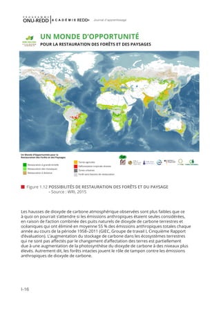 I-16
Journal d'apprentissage
 Figure 1.12 POSSIBILITÉS DE RESTAURATION DES FORÊTS ET DU PAYSAGE
		 - Source : WRI, 2015
Les hausses de dioxyde de carbone atmosphérique observées sont plus faibles que ce
à quoi on pourrait s’attendre si les émissions anthropiques étaient seules considérées,
en raison de l’action combinée des puits naturels de dioxyde de carbone terrestres et
océaniques qui ont éliminé en moyenne 55 % des émissions anthropiques totales chaque
année au cours de la période 1958–2011 (GIEC, Groupe de travail I, Cinquième Rapport
d’évaluation). L’augmentation du stockage de carbone dans les écosystèmes terrestres
qui ne sont pas affectés par le changement d’affectation des terres est partiellement
due à une augmentation de la photosynthèse du dioxyde de carbone à des niveaux plus
élevés. Autrement dit, les forêts intactes jouent le rôle de tampon contre les émissions
anthropiques de dioxyde de carbone.
UN MONDE D’OPPORTUNITÉ
POUR LA RESTAURATION DES FORÊTS ET DES PAYSAGES
Un Monde d’Opportunités pour la
Restauration des Forêts et des Paysages
Restauration à grande échelle
Restauration des mosaïques
Restauration à distance
Terres agricoles
Déforestation tropicale récente
Zones urbaines
Forêt sans besoins de restauration
 