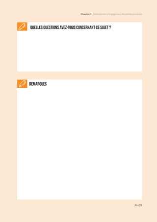 Chapitre 11 | Introduction à l’engagement des parties prenantes
XI-29
Quelles questions avez-vous concernant ce sujet ?
Remarques
 