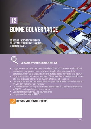 Chapitre 12 | Bonne Gouvernance
XII-1
BONNE GOUVERNANCE
Ce module présente l’importance
de la bonne gouvernance dans les
processus REDD+.
		 CE MODULE APPORTE des explications sur :
•	 La gouvernance selon les décisions de la CCNUCC concernant la REDD+
•	 Les facteurs de gouvernance qui sous-tendent les moteurs de la
déforestation et de la dégradation des forêts, et les barrières à la REDD+
•	 La bonne gouvernance permettant d’élaborer des stratégies nationales
et des politiques et mesures REDD+ efficaces et réussies
•	 Les mécanismes de responsabilisation permettant de suivre la mise en
œuvre des politiques et mesures
•	 Le renforcement de la gouvernance nécessaire à la mise en œuvre de
la SN/PA et des politiques et mesures
•	 Les garanties relatives à la gouvernance
•	 La gestion des fonds REDD+
Que savez-vous déjà sur le sujet ?
12
Chapitre 12 | Bonne Gouvernance
XII-1
 