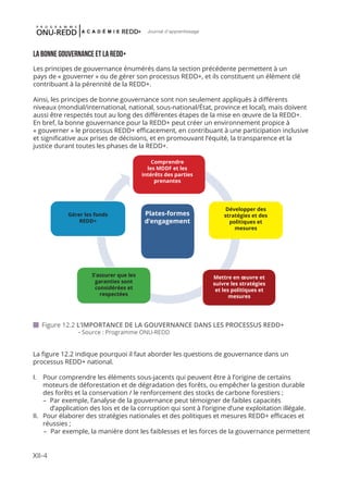 XII-4
Journal d'apprentissage
LA BONNE GOUVERNANCE ET LA REDD+
Les principes de gouvernance énumérés dans la section précédente permettent à un
pays de « gouverner » ou de gérer son processus REDD+, et ils constituent un élément clé
contribuant à la pérennité de la REDD+.
Ainsi, les principes de bonne gouvernance sont non seulement appliqués à différents
niveaux (mondial/international, national, sous-national/État, province et local), mais doivent
aussi être respectés tout au long des différentes étapes de la mise en œuvre de la REDD+.
En bref, la bonne gouvernance pour la REDD+ peut créer un environnement propice à
« gouverner » le processus REDD+ efficacement, en contribuant à une participation inclusive
et significative aux prises de décisions, et en promouvant l’équité, la transparence et la
justice durant toutes les phases de la REDD+.
 Figure 12.2 L’IMPORTANCE DE LA GOUVERNANCE DANS LES PROCESSUS REDD+
	 - Source : Programme ONU-REDD
La figure 12.2 indique pourquoi il faut aborder les questions de gouvernance dans un
processus REDD+ national.
I.	 Pour comprendre les éléments sous-jacents qui peuvent être à l’origine de certains
moteurs de déforestation et de dégradation des forêts, ou empêcher la gestion durable
des forêts et la conservation / le renforcement des stocks de carbone forestiers ;
	 –	 Par exemple, l’analyse de la gouvernance peut témoigner de faibles capacités
d’application des lois et de la corruption qui sont à l’origine d’une exploitation illégale.
II.	 Pour élaborer des stratégies nationales et des politiques et mesures REDD+ efficaces et
réussies ;
	 –	 Par exemple, la manière dont les faiblesses et les forces de la gouvernance permettent
Comprendre
les MDDF et les
intérêts des parties
prenantes
Gérer les fonds
REDD+
Plates-formes
d’engagement
S’assurer que les
garanties sont
considérées et
respectées
Mettre en œuvre et
suivre les stratégies
et les politiques et
mesures
Développer des
stratégies et des
politiques et
mesures
 