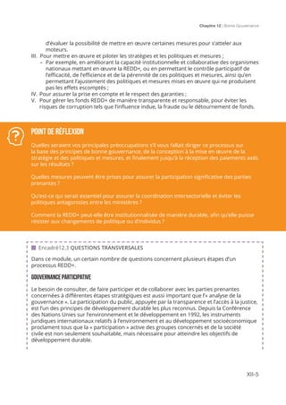 Chapitre 12 | Bonne Gouvernance
XII-5
d’évaluer la possibilité de mettre en œuvre certaines mesures pour s’atteler aux
moteurs.
III.	 Pour mettre en œuvre et piloter les stratégies et les politiques et mesures ;
	 –	 Par exemple, en améliorant la capacité institutionnelle et collaborative des organismes
nationaux mettant en œuvre la REDD+, ou en permettant le contrôle participatif de
l’efficacité, de l’efficience et de la pérennité de ces politiques et mesures, ainsi qu’en
permettant l’ajustement des politiques et mesures mises en œuvre qui ne produisent
pas les effets escomptés ;
IV.	Pour assurer la prise en compte et le respect des garanties ;
V.	 Pour gérer les fonds REDD+ de manière transparente et responsable, pour éviter les
risques de corruption tels que l’influence indue, la fraude ou le détournement de fonds.
Dans ce module, un certain nombre de questions concernent plusieurs étapes d’un
processus REDD+.
GOUVERNANCE PARTICIPATIVE
Le besoin de consulter, de faire participer et de collaborer avec les parties prenantes
concernées à différentes étapes stratégiques est aussi important que l’« analyse de la
gouvernance ». La participation du public, appuyée par la transparence et l’accès à la justice,
est l’un des principes de développement durable les plus reconnus. Depuis la Conférence
des Nations Unies sur l’environnement et le développement en 1992, les instruments
juridiques internationaux relatifs à l’environnement et au développement socioéconomique
proclament tous que la « participation » active des groupes concernés et de la société
civile est non seulement souhaitable, mais nécessaire pour atteindre les objectifs de
développement durable.
 Encadré12.3 QUESTIONS TRANSVERSALES
Point de réflexion
Quelles seraient vos principales préoccupations s’il vous fallait diriger ce processus sur
la base des principes de bonne gouvernance, de la conception à la mise en œuvre de la
stratégie et des politiques et mesures, et finalement jusqu’à la réception des paiements axés
sur les résultats ?
Quelles mesures peuvent être prises pour assurer la participation significative des parties
prenantes ?
Qu’est-ce qui serait essentiel pour assurer la coordination intersectorielle et éviter les
politiques antagonistes entre les ministères ?
Comment la REDD+ peut-elle être institutionnalisée de manière durable, afin qu’elle puisse
résister aux changements de politique ou d’individus ?
 
