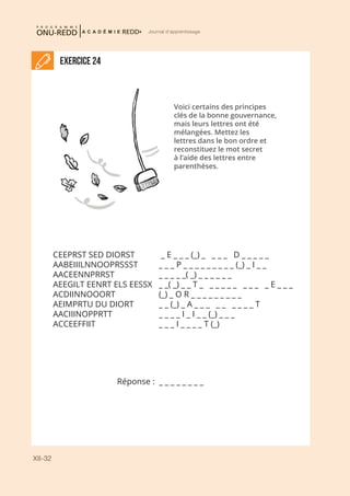 XII-32
Journal d'apprentissage
Exercice 24
Voici certains des principes
clés de la bonne gouvernance,
mais leurs lettres ont été
mélangées. Mettez les
lettres dans le bon ordre et
reconstituez le mot secret
à l’aide des lettres entre
parenthèses.
CEEPRST SED DIORST 	 _ E _ _ _ (_) _ _ _ _ D _ _ _ _ _
AABEIIILNNOOPRSSST	 _ _ _ P _ _ _ _ _ _ _ _ _ (_) _ I _ _
AACEENNPRRST			 _ _ _ _ _( _) _ _ _ _ _ _
AEEGILT EENRT ELS EESSX	 _ _( _) _ _ T _ _ _ _ _ _ _ _ _ _ E _ _ _
ACDIINNOOORT			 (_) _ O R _ _ _ _ _ _ _ _ _
AEIMPRTU DU DIORT		 _ _ (_) _ A _ _ _ _ _ _ _ _ _ T
AACIIINOPPRTT	 		 _ _ _ _ I _ I _ _ (_) _ _ _
ACCEEFFIIT			 _ _ _ I _ _ _ _ T (_)
Réponse : _ _ _ _ _ _ _ _
 
