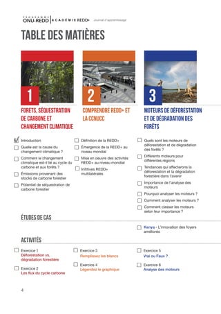 4
Journal d'apprentissage
TABLE DES MATIÈRES
Études de cas
activités
Forets, séquestration
de carbone et
changement climatique
Comprendre redd+ et
la ccnucc
Moteurs de déFORESTATION
et de dégradation DES
FORÊTS
Introduction
Quelle est la cause du
changement climatique ?
Comment le changement
climatique est-il lié au cycle du
carbone et aux forêts ?
Émissions provenant des
stocks de carbone forestier
Potentiel de séquestration de
carbone forestier
Définition de la REDD+
Émergence de la REDD+ au
niveau mondial
Mise en oeuvre des activités
REDD+ au niveau mondial
Inititives REDD+
multilatérales	
Quels sont les moteurs de
déforestation et de dégradation
des forêts ?
Différents moteurs pour
différentes régions
Tendances qui affecterons la
déforestation et la dégradation
forestière dans l’avenir	
Importance de l’analyse des
moteurs
Pourquoi analyser les moteurs ?
Comment analyser les moteurs ?
Comment classer les moteurs
selon leur importance ?
Kenya - L’innovation des foyers
améliorés
Exercice 1
Déforestation vs.
dégradation forestière
Exercice 2
Les flux du cycle carbone
Exercice 3
Remplissez les blancs
Exercice 4
Légendez le graphique
Exercice 5
Vrai ou Faux ?
Exercice 6
Analyse des moteurs
1 2 3
 