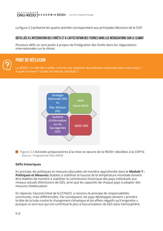 II-6
Journal d'apprentissage
La figure 2.3 présente les quatre activités correspondant aux principales décisions de la COP.
Défis liés à l’intégration des forêts et À l’affectation des terres dans les négociations sur le climat
Plusieurs défis se sont posés à propos de l’intégration des forêts dans les négociations
internationales sur le climat.
Défis historiques
En principe, les politiques et mesures (discutées de manière approfondie dans le Module 7 :
Politiques et Mesures) établies à stabiliser la hausse de la température mondiale doivent
être établies de manière à stabiliser la contribution historique des pays individuels aux
niveaux actuels d’émissions de GES, ainsi que les capacités de chaque pays à adopter des
mesures d’atténuation.
En réponse, l’accord initial de la CCNUCC a reconnu le principe de responsabilités
communes, mais différenciées. Par conséquent, les pays développés doivent « prendre
la tête de la lutte contre le changement climatique et les effets négatifs qu’il engendre »,
puisque ce sont eux qui ont contribué le plus à l’accumulation de GES dans l’atmosphère.
 Figure 2.3 Activités préparatoires à la mise en œuvre de la REDD+ décidées à la COP16
- Source : Programme ONU-REDD
Point de réflexion
La REDD+ a-t-elle été traitée comme une question de politique nationale dans votre pays ?
A quel moment ? Quels ont été les résultats ?
 