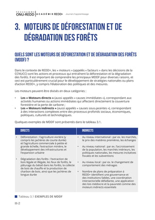 III-2
Journal d'apprentissage
3.	 Moteurs de déFORESTATION et de
	 dégradation des forêts
QUELS SONT LES MOTEURS DE DÉFORESTATION ET DE DÉGRADATION DES FORÊTS
(MDDF) ?
Dans le contexte de REDD+, les « moteurs » (appelés « facteurs » dans les décisions de la
CCNUCC) sont les actions et processus qui entraînent la déforestation et la dégradation
des forêts. Il est important de comprendre les principaux MDDF pour diverses raisons, et
ceci est particulièrement crucial pour le développement de stratégies nationales ou plans
d’action REDD+, y compris l’élaboration des politiques et des mesures.
Les moteurs peuvent être divisés en deux catégories :
•	 Les « Moteurs directs » (aussi appelés « causes immédiates »), correspondant aux
activités humaines ou actions immédiates qui affectent directement la couverture
forestière et la perte de carbone ;
•	 Les « Moteurs indirects » (aussi appelés « causes sous-jacentes »), correspondant
à des interactions complexes entre des processus profonds sociaux, économiques,
politiques, culturels et technologiques.
Quelques exemples de MDDF sont présentés dans le tableau 3.1.
directs indirects
•	 Déforestation : l’agriculture vivrière (y
compris les jachères de courte durée)
et l’agriculture commerciale à petite et
grande échelle, l’extraction minière, le
développement des infrastructures et
l’expansion urbaine
•	 Dégradation des forêts : l’extraction de
bois légale et illégale, les feux de forêts, le
pâturage du bétail dans les forêts, la collecte
de bois de chauffe et la production de
charbon de bois, ainsi que les jachères de
longue durée
•	 Au niveau international : par ex. les marchés,
le prix des matières premières, les échanges
•	 Au niveau national : par ex. l’accroissement
de la population, les marchés intérieurs, les
politiques nationales, les mesures incitatives
fiscales et les subventions
•	 Au niveau local : par ex. le changement de
comportement des ménages
•	 Nombre de plans de préparation à
REDD+ identifient une gouvernance et
des institutions faibles, une coordination
intersectorielle défaillante, une application
des lois médiocre et la pauvreté comme des
moteurs indirects essentiels
 Tableau 3.1 EXEMPLES DE MDDF
 