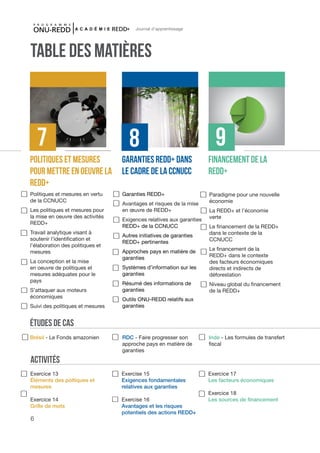 6
Journal d'apprentissage
Politiques et mesures
pour mettre en oeuvre la
redd+
Financement de la
REDD+
7 9
Politiques et mesures en vertu
de la CCNUCC
Les politiques et mesures pour
la mise en oeuvre des activités
REDD+
Travail analytique visant à
soutenir l’identification et
l’élaboration des politiques et
mesures
La conception et la mise
en oeuvre de politiques et
mesures adéquates pour le
pays
S’attaquer aux moteurs
économiques
Suivi des politiques et mesures
Paradigme pour une nouvelle
économie
La REDD+ et l’économie
verte	
Le financement de la REDD+
dans le contexte de la
CCNUCC	
Le financement de la
REDD+ dans le contexte
des facteurs économiques
directs et indirects de
déforestation	
Niveau global du financement
de la REDD+
TABLE DES MATIÈRES
Brésil - Le Fonds amazonien Inde - Les formules de transfert
fiscal
Exercice 13
Éléments des poltiques et
mesures	
Exercice 14
Grille de mots
Exercice 17
Les facteurs économiques	
Exercice 18
Les sources de financement
ÉTUDES DE CAS
ACTIVITÉS
Garanties REDD+ dans
le cadre de la CCNUCC
8
Garanties REDD+
Avantages et risques de la mise
en œuvre de REDD+
Exigences relatives aux garanties
REDD+ de la CCNUCC
Autres initiatives de garanties
REDD+ pertinentes
Approches pays en matière de
garanties
Systèmes d’information sur les
garanties		
Résumé des informations de
garanties
Outils ONU-REDD relatifs aux
garanties		
RDC - Faire progresser son
approche pays en matière de
garanties
Exercise 15
Exigences fondamentales
relatives aux garanties 	
Exercise 16
Avantages et les risques
potentiels des actions REDD+
 