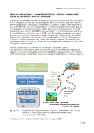 Chapitre 4 | Stratégies Nationales et Plans d’Action
IV-11
 Figure 4.4 : ITINÉRAIRES DE DÉVELOPPEMENT POSSIBLES ENTRAÎNANT DIFFÉRENTS
IMPACTS ÉCONOMIQUES, SOCIAUX ET ENVIRONNEMENTAUX
	- Source : Programme ONU-REDD
Définir une vision concernant la REDD+ et des considérations stratégiques connexes (portée,
échelle, moteurs/barrières prioritaires, financement)
Sur la base des données, objectifs, stratégies et plans existants, ainsi que des résultats du
travail analytique, les pays peuvent envisager de définir une vision à long terme pour la
REDD+ et le parcours stratégique permettant de la réaliser, y compris à son stade initial
(c.-à-d. 1ère
SN/PA). Cela peut comprendre une réflexion sur les objectifs concrets du pays
à la réalisation desquels le mécanisme REDD+ pourrait contribuer, aussi bien en ce qui
concerne les cinq activités de la REDD+ que les objectifs et priorités nationaux plus larges.
Il est probable que cette vision pour la REDD+ sera développée progressivement tout au
long du processus de préparation (et au-delà), par exemple en fonction des possibilités
et contraintes identifiées, du « business case »2
réalisé pour la REDD+ et de la capacité
d’obtenir un appui politique de haut niveau, avec la participation active des différentes
parties prenantes concernées (y compris des secteurs pertinents de l’utilisation des terres
ainsi que du secteur privé).
SUR LA VOIE D’UN DÉVELOPPEMENT AXÉ SUR LA CROISSANCE VERTE
Afin de réaliser leurs objectifs de développement, les pays dépendent de cinq types de
capitaux : financier, naturel, physique, humain et social. Chaque pays utilise ces capitaux
différemment selon son contexte national spécifique et les politiques et pratiques passées.
2 Plaidoyer construit pour parvenir à réaliser la promotion de l’agenda REDD+
Plan
d’aménagement
du territoire
 