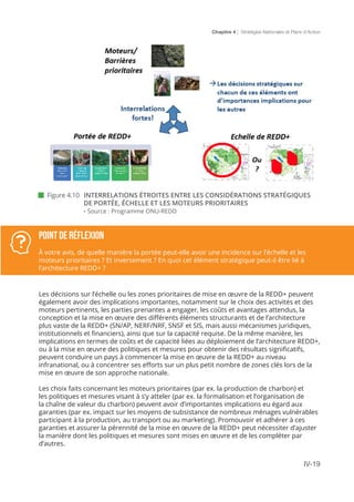 Chapitre 4 | Stratégies Nationales et Plans d’Action
IV-19
Point de réflexion
À votre avis, de quelle manière la portée peut-elle avoir une incidence sur l’échelle et les
moteurs prioritaires ? Et inversement ? En quoi cet élément stratégique peut-il être lié à
l’architecture REDD+ ?
 Figure 4.10	 INTERRELATIONS ÉTROITES ENTRE LES CONSIDÉRATIONS STRATÉGIQUES
DE PORTÉE, ÉCHELLE ET LES MOTEURS PRIORITAIRES
	- Source : Programme ONU-REDD
Les décisions sur l’échelle ou les zones prioritaires de mise en œuvre de la REDD+ peuvent
également avoir des implications importantes, notamment sur le choix des activités et des
moteurs pertinents, les parties prenantes a engager, les coûts et avantages attendus, la
conception et la mise en œuvre des différents éléments structurants et de l’architecture
plus vaste de la REDD+ (SN/AP, NERF/NRF, SNSF et SIS, mais aussi mécanismes juridiques,
institutionnels et financiers), ainsi que sur la capacité requise. De la même manière, les
implications en termes de coûts et de capacité liées au déploiement de l’architecture REDD+,
ou à la mise en œuvre des politiques et mesures pour obtenir des résultats significatifs,
peuvent conduire un pays à commencer la mise en œuvre de la REDD+ au niveau
infranational, ou à concentrer ses efforts sur un plus petit nombre de zones clés lors de la
mise en œuvre de son approche nationale.
Les choix faits concernant les moteurs prioritaires (par ex. la production de charbon) et
les politiques et mesures visant à s’y atteler (par ex. la formalisation et l’organisation de
la chaîne de valeur du charbon) peuvent avoir d’importantes implications eu égard aux
garanties (par ex. impact sur les moyens de subsistance de nombreux ménages vulnérables
participant à la production, au transport ou au marketing). Promouvoir et adhérer à ces
garanties et assurer la pérennité de la mise en œuvre de la REDD+ peut nécessiter d’ajuster
la manière dont les politiques et mesures sont mises en œuvre et de les compléter par
d’autres.
 