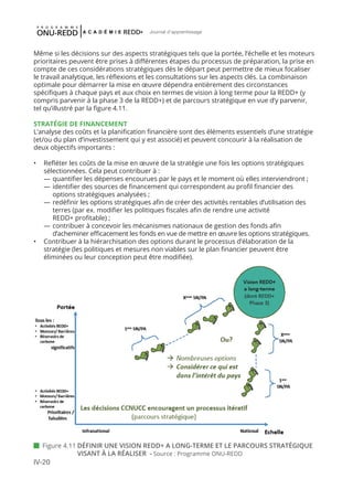 IV-20
Journal d'apprentissage
Même si les décisions sur des aspects stratégiques tels que la portée, l’échelle et les moteurs
prioritaires peuvent être prises à différentes étapes du processus de préparation, la prise en
compte de ces considérations stratégiques dès le départ peut permettre de mieux focaliser
le travail analytique, les réflexions et les consultations sur les aspects clés. La combinaison
optimale pour démarrer la mise en œuvre dépendra entièrement des circonstances
spécifiques à chaque pays et aux choix en termes de vision à long terme pour la REDD+ (y
compris parvenir à la phase 3 de la REDD+) et de parcours stratégique en vue d’y parvenir,
tel qu’illustré par la figure 4.11.
STRATÉGIE DE FINANCEMENT
L’analyse des coûts et la planification financière sont des éléments essentiels d’une stratégie
(et/ou du plan d’investissement qui y est associé) et peuvent concourir à la réalisation de
deux objectifs importants :
•	 Refléter les coûts de la mise en œuvre de la stratégie une fois les options stratégiques
sélectionnées. Cela peut contribuer à :
	 —	quantifier les dépenses encourues par le pays et le moment où elles interviendront ;
	 —	identifier des sources de financement qui correspondent au profil financier des
			 options stratégiques analysées ;
	 —	redéfinir les options stratégiques afin de créer des activités rentables d’utilisation des
			 terres (par ex. modifier les politiques fiscales afin de rendre une activité
			 REDD+ profitable) ;
	 —	contribuer à concevoir les mécanismes nationaux de gestion des fonds afin
			 d’acheminer efficacement les fonds en vue de mettre en œuvre les options stratégiques.
•	 Contribuer à la hiérarchisation des options durant le processus d’élaboration de la
stratégie (les politiques et mesures non viables sur le plan financier peuvent être
éliminées ou leur conception peut être modifiée).
 Figure 4.11	DÉFINIR UNE VISION REDD+ A LONG-TERME ET LE PARCOURS STRATÉGIQUE
VISANT À LA RÉALISER - Source : Programme ONU-REDD
 