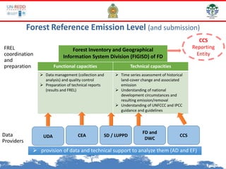 Forest Inventory and Geographical
Information System Division (FIGISD) of FD
Forest Reference Emission Level (and submission)
Functional capacities Technical capacities
 Data management (collection and
analysis) and quality control
 Preparation of technical reports
(results and FREL)
 Time series assessment of historical
land-cover change and associated
emission
 Understanding of national
development circumstances and
resulting emission/removal
 Understanding of UNFCCC and IPCC
guidance and guidelines
CEA SD / LUPPD CCS
FD and
DWC
 provision of data and technical support to analyze them (AD and EF)
Data
Providers
FREL
coordination
and
preparation
CCS
Reporting
Entity
UDA
 