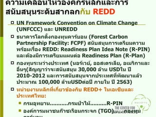 ความเคลื่อนไหวองค์กรหลักและการสนับสนุนระดับสากลก กับ   REDD UN Framework Convention on Climate Change (UNFCCC)  และ  UNREDD ธนาคารโลกตั้งกองทุนคาร์บอน  ( Forest Carbon Partnership Facility: FCPF)  สนับสนุนการเตรียมความพร้อมเรื่อง  REDD: Readiness Plan Idea Note (R-PIN)  และต้องมีการเตรียมแผนต่อ   Readiness Plan (R-Plan) กองทุนระหว่างประเทศ  ( นอร์เวย์ ,  ออสเตรเลีย ,  อเมริกาและอื่นๆ ( สัญญาว่าจะสนับสนุน  30,000  ล้าน  USD ใน ปี  2010-2012  และการสนับสนุนจากประเทศที่พัฒนาแล้วประมาณ  100,000  ล้าน USD ต่อปี ภายใน ปี  2563) หน่วยงานหลักที่เกี่ยวข้องกับ  REDD+  ในเอเซียและประเทศไทย : กรมอุทยาน ........... กรมป่าไม้ ........ ..R-PIN  องค์การมหาชนก๊าซเรือนกระจก  ( TGO)…..  กองทุนคาร์บอน World Bank,  รัฐบาลนอร์เวย์ ,  UNREDD (UNDP+UNEP+FAO), WWF, GTZ, CARE, RECOFTC, IISD,  และอื่นๆ เวทีลดโลกร้อน ,  คณะทำงานเพื่อโลกเย็น ,  