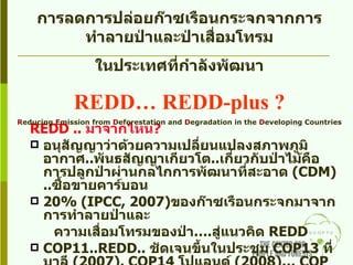 REDD  ..  มาจากไหน ? อนุสัญญาว่าด้วยความเปลี่ยนแปลงสภาพภูมิอากาศ .. พันธสัญญาเกียวโต .. เกี่ยวกับป่าไม้คือ การปลูกป่าผ่านกลไกการพัฒนาที่สะอาด  ( CDM) .. ซื้อขายคาร์บอน 20% (IPCC, 2007) ของก๊าซเรือนกระจกมาจากการทำลายป่าและ ความเสื่อมโทรมของป่า… . สู่แนวคิด  REDD  COP11..REDD..  ชัดเจนขึ้นในประชุม   COP13  ที่บาลี  (2007), COP14   โปแลนด์  ( 2008 )…  COP 15  Copenhagen( ธ . ค .  2552)   เพื่อหารือยุทธศาสตร์หลัก  post  เกียวโต  2555   และจะเริ่มปฏิบัติการในปี  2555   การลดการปล่อยก๊าซเรือนกระจกจากการทำลายป่าและป่าเสื่อมโทรม ในประเทศที่กำลังพัฒนา REDD… REDD-plus ? R educing  E mission from  D eforestation and  D egradation in the  D eveloping Countries 