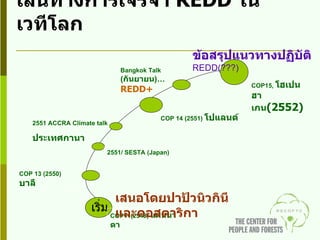 เส้นทางการเจรจา  REDD  ในเวทีโลก เริ่ม COP11(2548)   แคนนาดา COP 13 (2550)  บาลี 2551/ SESTA (Japan) 2551 ACCRA Climate talk ประเทศกานา COP 14 (2551)   โปแลนด์ Bangkok Talk   ( กันยายน ) … REDD+ COP15,  โฮเปนฮาเกน (2552) เสนอโดยปาปัวนิวกินีและคอสตาริกา ข้อสรุปแนวทางปฏิบัติ   REDD ( ???) 