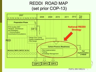 REDDI  ROAD MAP  (set prior COP-13) National REDDI Strategy  RED Jan Feb Mar Apr May Jun Jul Aug Sep Oct Nov Dec 2007 2008 2009 2010 2011 2012 Post 2012  COP 13 Preparation Phase Design Fine Tuning System Establishment - Pilot Design IFCA studies 2007 Analysis  (Architecture  and Strategies) Communication/ Coordination/Consultations Carbon-Finance (Readiness) - Pilot Implementation Testing Knowledge Management Full Implementation of REDD Workshop, SBSTA, UNFCCC, G8, Etc. COP14 COP13 COP15 