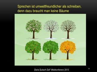 Sprechen ist umweltfreundlicher als schreiben,
denn dazu braucht man keine Bäume




                                                 18
            Daria Sukach DaF Webkonferenz 2013
 