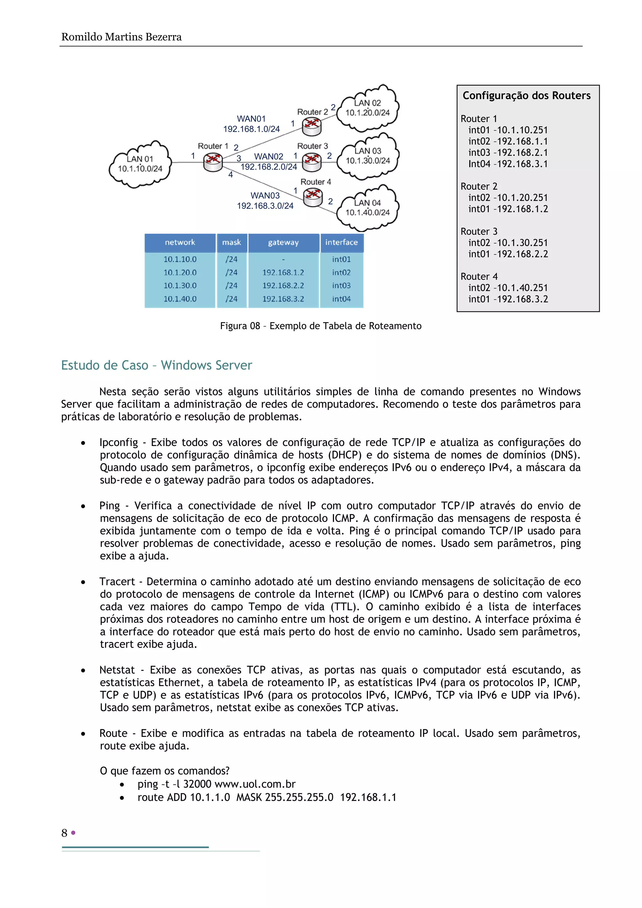 Romildo Martins Bezerra
8
1
2
3
4
1
2
WAN01
192.168.1.0/24
WAN02
192.168.2.0/24
WAN03
192.168.3.0/24
1
1
2
2
Figura 08 – Exemplo de Tabela de Roteamento
Estudo de Caso – Windows Server
Nesta seção serão vistos alguns utilitários simples de linha de comando presentes no Windows
Server que facilitam a administração de redes de computadores. Recomendo o teste dos parâmetros para
práticas de laboratório e resolução de problemas.
• Ipconfig - Exibe todos os valores de configuração de rede TCP/IP e atualiza as configurações do
protocolo de configuração dinâmica de hosts (DHCP) e do sistema de nomes de domínios (DNS).
Quando usado sem parâmetros, o ipconfig exibe endereços IPv6 ou o endereço IPv4, a máscara da
sub-rede e o gateway padrão para todos os adaptadores.
• Ping - Verifica a conectividade de nível IP com outro computador TCP/IP através do envio de
mensagens de solicitação de eco de protocolo ICMP. A confirmação das mensagens de resposta é
exibida juntamente com o tempo de ida e volta. Ping é o principal comando TCP/IP usado para
resolver problemas de conectividade, acesso e resolução de nomes. Usado sem parâmetros, ping
exibe a ajuda.
• Tracert - Determina o caminho adotado até um destino enviando mensagens de solicitação de eco
do protocolo de mensagens de controle da Internet (ICMP) ou ICMPv6 para o destino com valores
cada vez maiores do campo Tempo de vida (TTL). O caminho exibido é a lista de interfaces
próximas dos roteadores no caminho entre um host de origem e um destino. A interface próxima é
a interface do roteador que está mais perto do host de envio no caminho. Usado sem parâmetros,
tracert exibe ajuda.
• Netstat - Exibe as conexões TCP ativas, as portas nas quais o computador está escutando, as
estatísticas Ethernet, a tabela de roteamento IP, as estatísticas IPv4 (para os protocolos IP, ICMP,
TCP e UDP) e as estatísticas IPv6 (para os protocolos IPv6, ICMPv6, TCP via IPv6 e UDP via IPv6).
Usado sem parâmetros, netstat exibe as conexões TCP ativas.
• Route - Exibe e modifica as entradas na tabela de roteamento IP local. Usado sem parâmetros,
route exibe ajuda.
O que fazem os comandos?
• ping –t –l 32000 www.uol.com.br
• route ADD 10.1.1.0 MASK 255.255.255.0 192.168.1.1
Configuração dos Routers
Router 1
int01 –10.1.10.251
int02 –192.168.1.1
int03 –192.168.2.1
Int04 –192.168.3.1
Router 2
int02 –10.1.20.251
int01 –192.168.1.2
Router 3
int02 –10.1.30.251
int01 –192.168.2.2
Router 4
int02 –10.1.40.251
int01 –192.168.3.2
 