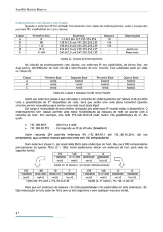 Romildo Martins Bezerra
4
Endereçamento com Classes e sem Classes
Quando o endereço IP foi utilizado inicialmente com classe de endereçamento, onde o escopo dos
possíveis IPs subdividido em cinco classes:
Classe Primeiros Bits Endereço Mascara Observações
A 0 1.0.0.0 até 127.255.255.255 /8
B 10 128.0.0.0 até 191.255.255.255 /16
C 110 192.0.0.0 até 223.255.255.255 /24
D 1110 224.0.0.0 até 239.255.255.255 - Multicast
E 11110 240.0.0.0 até 247.255.255.255 - Reservado
Tabela 02. Classes de Endereçamento
Na criação do endereçamento com classes, um endereço IP era subdividido, de forma fixa, em
duas partes, identificador de rede (netid) e identificador de host (hostid). Esta subdivisão pode ser vista
na Tabela 02.
Classe Primeiro Byte Segundo Byte Terceiro Byte Quarto Byte
A netid hostid hostid hostid
B netid netid hostid hostid
C netid netid netid hostid
Tabela 03. Classes e alocação fixa de netid e hostid
Assim um endereço classe A que utilizasse o conceito de endereçamento por classes (126.0.0.0/8)
teria a possibilidade de 224
dispositivos de rede. Será que existe uma rede desse tamanho? Quantos
switches seriam necessários para montar uma rede local deste tipo?
Daí surge à necessidade de uma melhor utilização dos endereços IP visando evitar o desperdício. O
endereçamento sem classes permite uma maior flexibilização da mascara de rede de acordo com o
tamanho da rede. Por exemplo, uma rede 192.168.10.0/24 pode conter 256 possibilidades de IP, das
quais:
• 192.168.10.0 – Identifica a rede
• 192.168.10.255 - Corresponde ao IP de difusão (broadcast)
Assim restando 254 possíveis endereços IPs (192.168.10.1 até 192.168.10.254). daí nos
perguntamos, qual a menor mascara para uma rede com 100 computadores?
Num endereço classe C, são reservados 8bits para endereços de host. Mas para 100 computadores
precisaríamos de apenas 7bits (27
= 128). Assim poderíamos alocar um endereço de host para rede da
seguinte forma:
192 168 10 0
11000000 10101000 00001010 00000000
netid netid netid hostid
Tabela 04. IP Classe C /24 sendo redimensionando
Note que um endereço de mascara /24 (256 possibilidades) foi subdividido em dois endereços /25.
Esta realocação de bits pode ser feita com os bits seguintes e com qualquer mascara inicial.
192 168 10 0
11000000 10101000 00001010 00000000
netid netid netid hostid
Tabela 05. IP Classe C 192.168.10.0/25
192 168 10 0
11000000 10101000 00001010 10000000
netid netid netid hostid
Tabela 06. IP Classe C 192.168.10.128/25
 