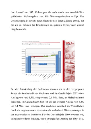 den Ankauf von 342 Wohnungen als auch durch den ausschließlich
geförderten Wohnungsbau von 469 Wohnungseinheiten erfolgt. Der
Gesamtzugang ist sowohl durch Neubauten als durch Zukäufe erfolgt, auf
die ich im Rahmen der Investitionen im späteren Verlauf noch einmal
eingehen werde.



            Hauptversammlung 20 d GAG Immob ie AG
                               09 er       il n

            Entwicklung Sollmieten vor Konsolidierung


           200 Mi o.  €


           190 Mi o.  €
                                                                                                    175,7 M io. €




                                                                                                                    190,4 Mio. €
           180 Mi o.  €                                                                                   2. 998
                                  169,3 Mio. €                                                   2. 235
                                                                              628    1.232 1.231
           170 Mi o.  €
                                            586    528
                          166,7 Mio. €




           160 Mi o.  €


           150 Mi o.  €


           140 Mi o.  €
                                                                      + 6,4 Mio. €
           130 Mi o.  €


           120 Mi o.  €


           110 Mi o.  €

           100 Mi o.  €




         Rahmenbedingungen               Bericht Geschäftsjahr 2008      Beson eite
                                                                              derh n      Résumé                                   6




Bei der Entwicklung der Sollmieten konnten wir in den vergangenen
Jahren ein kontinuierliches Wachstum und im Geschäftsjahr 2007 einen
Anstieg von rund 1,5%, entsprechend 2,6 Mio. Euro, an Mehreinnahmen
darstellen. Im Geschäftsjahr 2008 ist uns ein weiterer Anstieg von 3,2%
um 6,4 Mio. Euro gelungen. Das Wachstum resultiert im Wesentlichen
durch die zugewonnenen Neubauten als auch durch Mietanpassungen in
den modernisierten Beständen. Für das Geschäftsjahr 2009 erwarten wir,
insbesondere durch Zukäufe, einen sprunghaften Anstieg auf 190,4 Mio.
                                                                                      11
 
