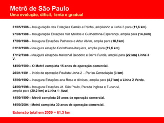 31/05/1986  – Inauguração das Estações Carrão e Penha, ampliando a Linha 3 para  (11,6 km) 27/08/1988  – Inauguração Estações Vila Matilde e Guilhermina-Esperança, amplia para  (14,3km) 17/09/1988  – Inaugura Estações Patriarca e Artur Alvim, amplia para  (18,1km) 01/10/1988 -  Inaugura estação Corinthians-Itaquera, amplia para  (19,6 km) 17/12/1988 -  Inaugura estações Marechal Deodoro e Barra Funda, amplia para  (22 km) Linha 3 V. 14/09/1989 – O Metrô completa 15 anos de operação comercial. 25/01/1991 –  início da operação Paulista Linha 2 – Paríso-Consolação  (3 km) 12/09/1992 –  inaugura Estações ana Rosa e clínicas, amplia para  (4,7 km) a Linha 2 Verde. 24/09/1998 –  Inaugura Estações Jd. São Paulo, Parada Inglesa e Tucuruvi,  amplia para ( 20,2 km) a Linha 1- Azul 14/09/1999 – Metrô completa 25 anos de operação comercial. 14/09/2004 - Metrô completa 30 anos de operação comercial. Extensão total em 2009 = 61,3 km 