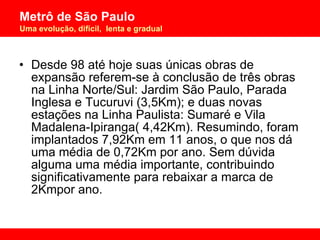 Desde 98 até hoje suas únicas obras de expansão referem-se à conclusão de três obras na Linha Norte/Sul: Jardim São Paulo, Parada Inglesa e Tucuruvi (3,5Km); e duas novas estações na Linha Paulista: Sumaré e Vila Madalena-Ipiranga( 4,42Km). Resumindo, foram implantados 7,92Km em 11 anos, o que nos dá uma média de 0,72Km por ano. Sem dúvida alguma uma média importante, contribuindo significativamente para rebaixar a marca de 2Kmpor ano. 