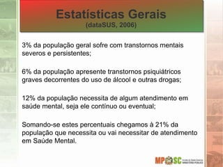 Estatísticas Gerais
(dataSUS, 2006)
3% da população geral sofre com transtornos mentais
severos e persistentes;
6% da população apresente transtornos psiquiátricos
graves decorrentes do uso de álcool e outras drogas;
12% da população necessita de algum atendimento em
saúde mental, seja ele contínuo ou eventual;
Somando-se estes percentuais chegamos à 21% da
população que necessita ou vai necessitar de atendimento
em Saúde Mental.
 