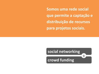 Somos uma rede social
que permite a captação e
distribuição de recursos
para projetos sociais.




social networking
                    +
crowd funding
 