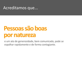 Acreditamos que...



Pessoas são boas
por natureza
e um ato de generosidade, bem comunicado, pode se
espalhar rapidamente e de forma contagiante.
 