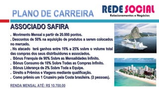 Relacionamentos e Negócios ASSOCIADO SAFIRA .  Movimento Mensal a partir de 20.000 pontos. . Descontos de 50% na aquisição de produtos a serem colocados no mercado. . No atacado  terá ganhos entre 10% a 25% sobre o volume total das compras dos seus distribuidores e associados. .  Bônus Franquia de 90% Sobre as Mensalidades Infinito. .  Bônus Consumo de 10% Sobre Todas as Compras Infinito. .  Bônus Liderança de 2% Sobre Toda a Equipe. .  Direito a Prêmios e Viagens mediante qualificação. .  Como prêmio um 1 Cruzeiro pela Costa brasileira. (2 pessoas). RENDA MENSAL ATÉ: R$ 10.700,00 
