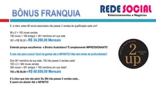 Relacionamentos e Negócios E, é claro, estes 96 novos associados irão passar 2 vendas de qualificação cada um!! 96 x 2 = 192 novas vendas 192 novos + 189 antigos = 381 membros em sua rede 381 x R$ 90,00 =  R$ 34.290,00 Mensais   Entende porque escolhemos o Binário Australiano? É simplesmente IMPRESSIONANTE!   E isto não pára nunca! Você irá ganhar até o INFINITO!! Não tem limite de profundidade!!   Dos 381 membros de sua rede, 192 irão passar 2 vendas cada! 192 x 2 = 384 novas vendas 384 novos + 381 antigos = 765 membros em sua rede!! 765 x R$ 90,00 =  R$ 68.850,00 Mensais   E é claro que isto não pára! Os 384 irão passar 2 vendas cada... E assim em diante! Até o INFINITO! 