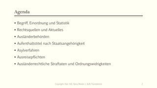 Agenda
 Begriff, Einordnung und Statistik
 Rechtsquellen und Aktuelles
 Ausländerbehörden
 Aufenthaltstitel nach Staatsangehörigkeit
 Asylverfahren
 Ausreisepflichten
 Ausländerrechtliche Straftaten und Ordnungswidrigkeiten
Copyright: Dipl.-Hdl. Ilona Riesen | IloRi Translations 2
 