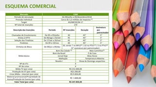 Mercado CAM
Período de veiculação De 09/julho a 09/dezembro/2018
Previsão individual Cerca de 3,3 milhões de impactos (2)
Target AS/ABCDE/04-17
Nº total de inserções 170
Descrição das Inserções Período Nº Inserções Duração
Assinatura
por
patrocinador
Chamadas de Envolvimento De 09 a 29/julho 30 45” 5"
Visitas à EPTV De 06/ago a 02/set 45 45” 5"
Seleção dos Finalistas De 17/set a 26/out 45 45” 5"
Finalistas De 09 a 19/nov 30 45” 5"
Vinhetas de Bloco De 09/jul a 09/dez
20, sendo 7 no BPLO(3) / 10 no PTV1(3) / 3 no PTV2(3)
(5” assinatura por patrocinador)
Mídia básica
Bom Dia Cidade (3) Mais Caminhos(3)
Bom dia Brasil É de Casa
Jornal Hoje Altas Horas
Malhação Temperatura Máxima
Novela I Show de Domingo vespertino
Nº de VTs 4
Nº de cotas 4
Mídia TV (por cota) R$ 232.000,00
Produção do VT (por cota) R$2.200,00
Cross Mídia – Internet (por cota) R$ 9.850,00
Material promocional/Propriedade de
Arena/Produção do Evento (por cota)
R$ 3.800,00
Valor Total (por cota) R$ 247.850,00
ESQUEMA COMERCIAL
 