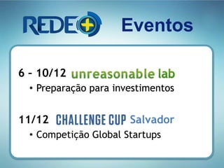 Eventos
6 – 10/12
• Preparação para investimentos
11/12 Salvador
• Competição Global Startups
 