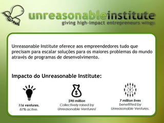 Unreasonable Institute oferece aos empreendedores tudo que
precisam para escalar soluções para os maiores problemas do mundo
através de programas de desenvolvimento.
Impacto do Unreasonable Institute:
 