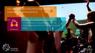 NAS INTERAÇÕES NOS RELACIONAMOS,
ENSINAMOS E APRENDEMOS.
É DURANTE A PARTICIPAÇÃO E A
COLABORAÇÃO NAS JORNADAS QUE AS
PESSOAS SOMAM PONTOS E SE DESTACAM NA
REDE.
 