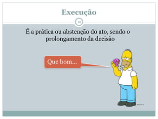 Execução
É a prática ou abstenção do ato, sendo o
prolongamento da decisão
Que bom...
12
 