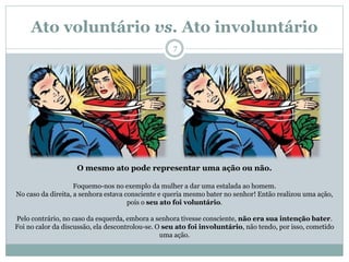 Ato voluntário vs. Ato involuntário
O mesmo ato pode representar uma ação ou não.
Foquemo-nos no exemplo da mulher a dar uma estalada ao homem.
No caso da direita, a senhora estava consciente e queria mesmo bater no senhor! Então realizou uma ação,
pois o seu ato foi voluntário.
Pelo contrário, no caso da esquerda, embora a senhora tivesse consciente, não era sua intenção bater.
Foi no calor da discussão, ela descontrolou-se. O seu ato foi involuntário, não tendo, por isso, cometido
uma ação.
7
 