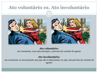 Ato voluntário vs. Ato involuntário
Ato voluntário:
ato consciente, com uma intenção, e provem da vontade do agente
Ato involuntário:
ato consciente ou inconsciente mas que não é intencional, ou seja, não provém da vontade do
agente
8
 