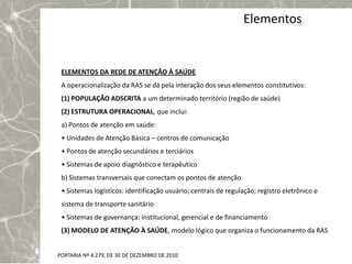 Elementos


 ELEMENTOS DA REDE DE ATENÇÃO À SAÚDE
 A operacionalização da RAS se dá pela interação dos seus elementos constitutivos:
 (1) POPULAÇÃO ADSCRITA a um determinado território (região de saúde)
 (2) ESTRUTURA OPERACIONAL, que inclui:
 a) Pontos de atenção em saúde:
 • Unidades de Atenção Básica – centros de comunicação
 • Pontos de atenção secundários e terciários
 • Sistemas de apoio diagnóstico e terapêutico
 b) Sistemas transversais que conectam os pontos de atenção
 • Sistemas logísticos: identificação usuário; centrais de regulação; registro eletrônico e
 sistema de transporte sanitário
 • Sistemas de governança: institucional, gerencial e de financiamento
 (3) MODELO DE ATENÇÃO À SAÚDE, modelo lógico que organiza o funcionamento da RAS


PORTARIA Nº 4.279, DE 30 DE DEZEMBRO DE 2010
 
