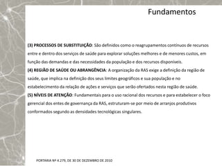 Fundamentos


(3) PROCESSOS DE SUBSTITUIÇÃO: São definidos como o reagrupamentos contínuos de recursos
entre e dentro dos serviços de saúde para explorar soluções melhores e de menores custos, em
função das demandas e das necessidades da população e dos recursos disponíveis.
(4) REGIÃO DE SAÚDE OU ABRANGÊNCIA: A organização da RAS exige a definição da região de
saúde, que implica na definição dos seus limites geográficos e sua população e no
estabelecimento da relação de ações e serviços que serão ofertados nesta região de saúde.
(5) NÍVEIS DE ATENÇÃO: Fundamentais para o uso racional dos recursos e para estabelecer o foco
gerencial dos entes de governança da RAS, estruturam-se por meio de arranjos produtivos
conformados segundo as densidades tecnológicas singulares.




    PORTARIA Nº 4.279, DE 30 DE DEZEMBRO DE 2010
 