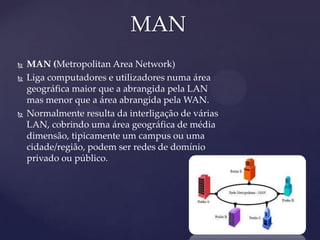 MAN
   MAN (Metropolitan Area Network)
   Liga computadores e utilizadores numa área
    geográfica maior que a abrangida pela LAN
    mas menor que a área abrangida pela WAN.
   Normalmente resulta da interligação de várias
    LAN, cobrindo uma área geográfica de média
    dimensão, tipicamente um campus ou uma
    cidade/região, podem ser redes de domínio
    privado ou público.
 
