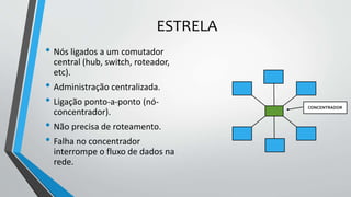 ESTRELA
• Nós ligados a um comutador
central (hub, switch, roteador,
etc).
• Administração centralizada.
• Ligação ponto-a-ponto (nó-
concentrador).
• Não precisa de roteamento.
• Falha no concentrador
interrompe o fluxo de dados na
rede.
CONCENTRADOR
 