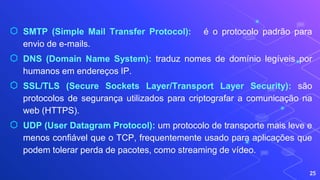25
⬡ SMTP (Simple Mail Transfer Protocol): é o protocolo padrão para
envio de e-mails.
⬡ DNS (Domain Name System): traduz nomes de domínio legíveis por
humanos em endereços IP.
⬡ SSL/TLS (Secure Sockets Layer/Transport Layer Security): são
protocolos de segurança utilizados para criptografar a comunicação na
web (HTTPS).
⬡ UDP (User Datagram Protocol): um protocolo de transporte mais leve e
menos confiável que o TCP, frequentemente usado para aplicações que
podem tolerar perda de pacotes, como streaming de vídeo.
 
