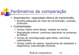 Parâmetros de comparação
   Desempenho: capacidade efetiva de transmissão.
       Escolha adequada de meio de transmissão, conexão,
        protocolo.
   Confiabilidade:
       Tempo médio entre falhas: medido em horas
       Degradação amena: continuar operando na presença
        de falhas.
       Tempo de reconfiguração após falha: caminhos
        redundantes.
       Tempo médio de reparo: mecanismos de autoteste e
        diagnóstico, manutenção eficiente.


                  Rede de computadores     14
 