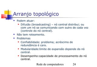 Arranjo topológico
   Podem atuar:
      Difusão (broadcasting) – nó central distribui; ou

       com um nó se comunicando com outro de cada vez
       (controle do nó central).
   Não tem roteamento.
   Problemas
      Confiabilidade: problema; acréscimo de

       redundância é caro.
      Modularidade:limite de expansão depende do nó

       central.
      Desempenho:capacidade de processamento do nó

       central.

                  Rede de computadores      24
 