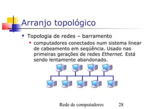 Arranjo topológico
   Topologia de redes – barramento
       computadores conectados num sistema linear
        de cabeamento em seqüência. Usado nas
        primeiras gerações de redes Ethernet. Está
        sendo lentamente abandonado.




                  Rede de computadores   28
 
