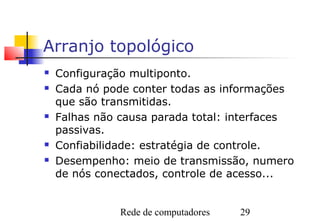 Arranjo topológico
   Configuração multiponto.
   Cada nó pode conter todas as informações
    que são transmitidas.
   Falhas não causa parada total: interfaces
    passivas.
   Confiabilidade: estratégia de controle.
   Desempenho: meio de transmissão, numero
    de nós conectados, controle de acesso...


               Rede de computadores   29
 