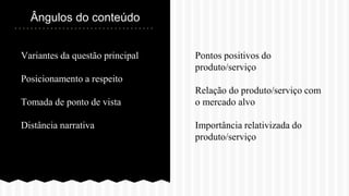 Variantes da questão principal
Posicionamento a respeito
Tomada de ponto de vista
Distância narrativa
Ângulos do conteúdo
Pontos positivos do
produto/serviço
Relação do produto/serviço com
o mercado alvo
Importância relativizada do
produto/serviço
 